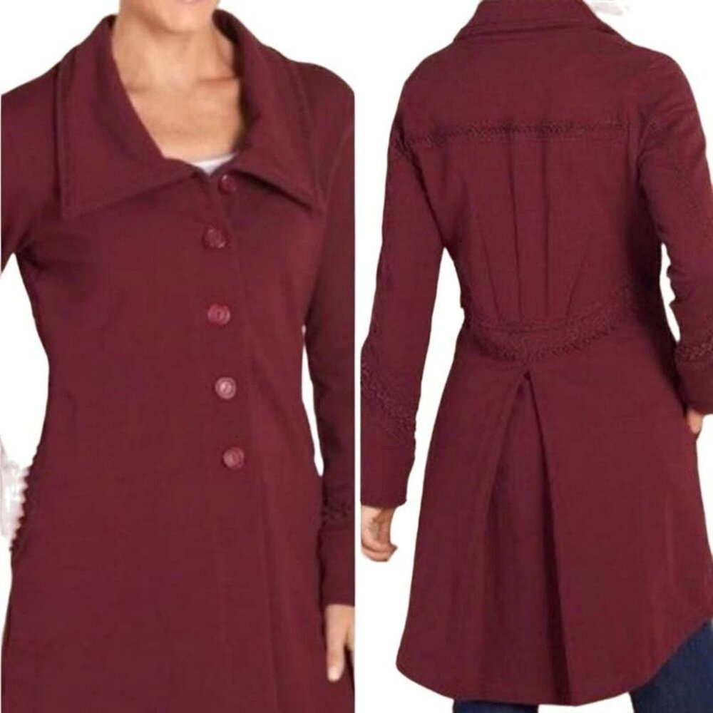 Soft Surroundings Rachel Coat Crochet Lace Trim Burgundy Sz S Boho Southwest